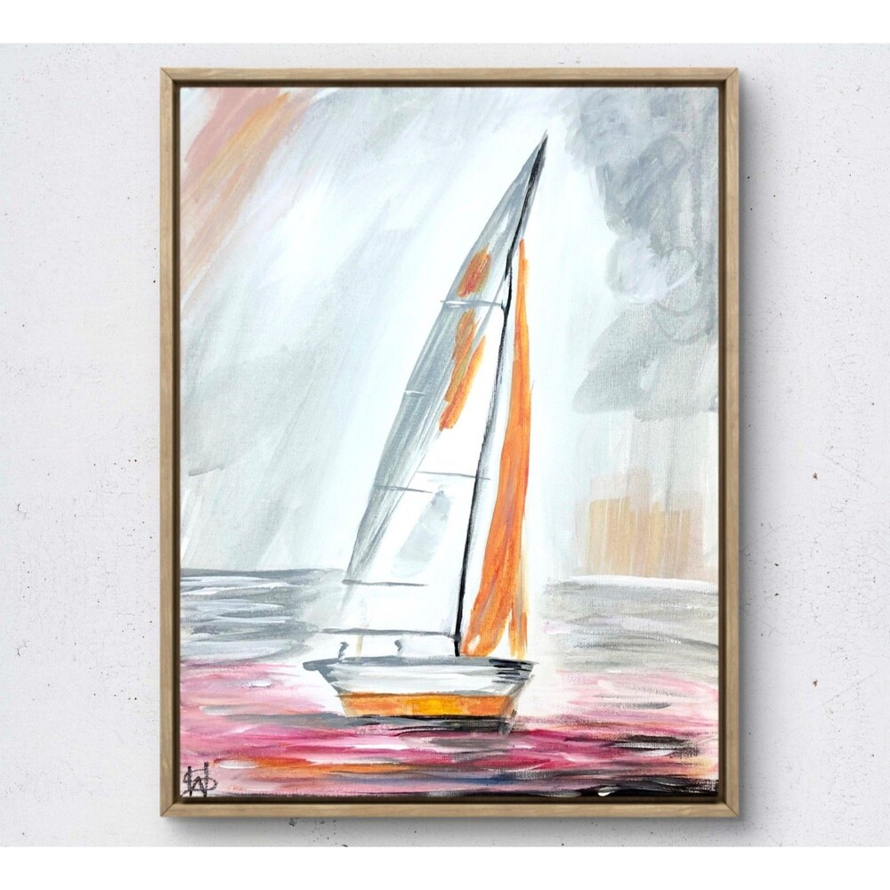 WS original calm seas sailboat painting 14X11 canvas acrylic abstract modern art